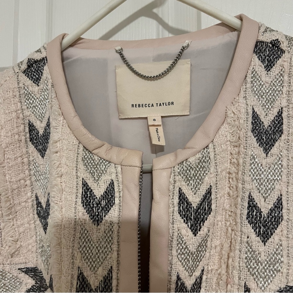 Rebecca Taylor Cropped Wool Blend Lamb Leather Tweed Jacket Size 8 - Picture 6 of 7